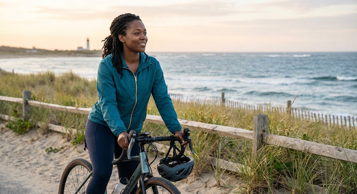 Woman cycling on coastal path, representing heart-healthy lifestyle