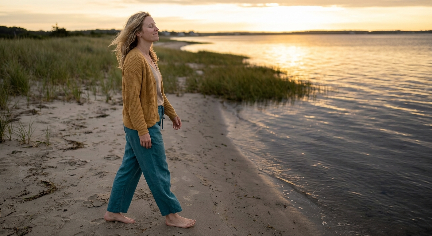 Woman walking on beach for gentle pain relief movement